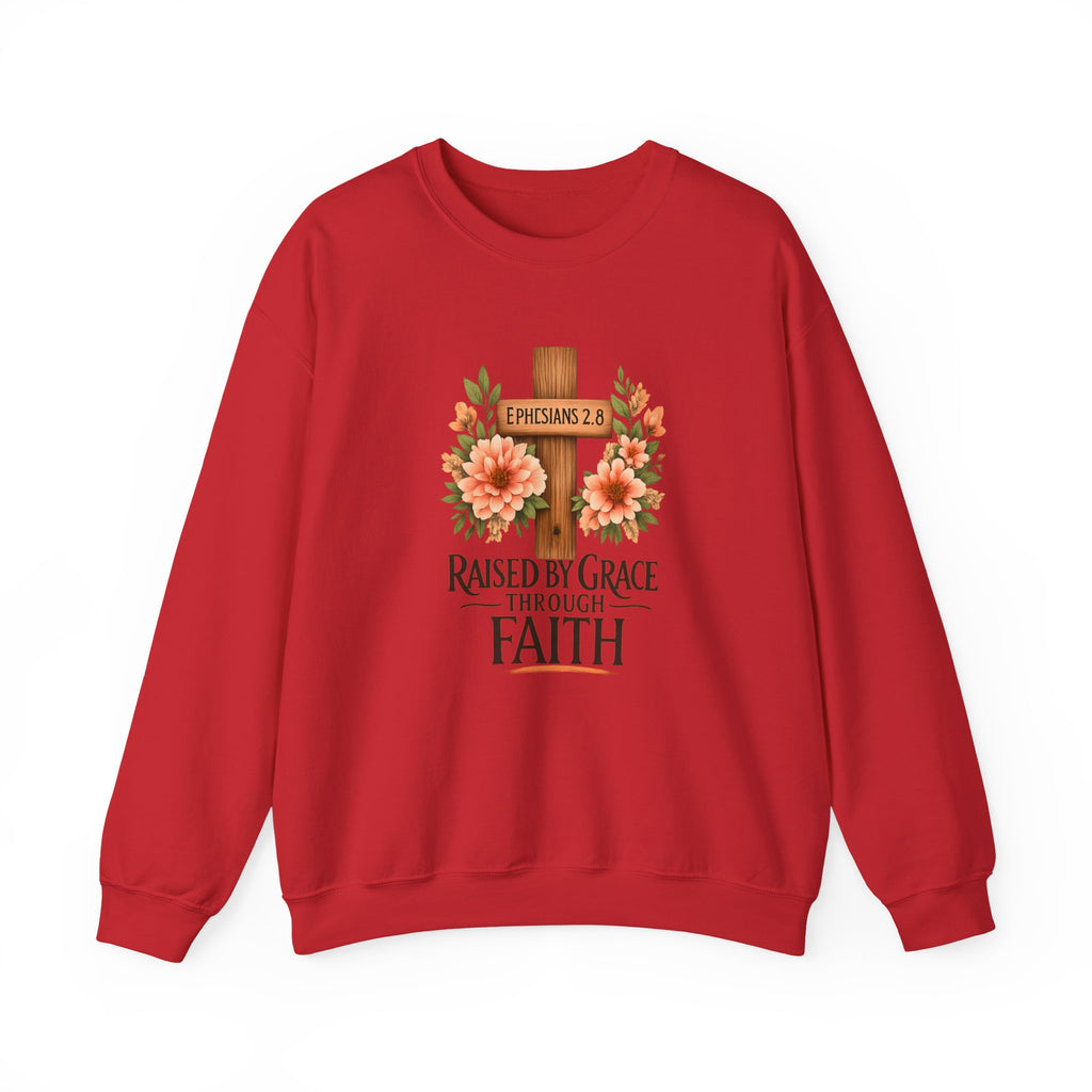 Faith Crewneck Sweatshirt — "Raised by Grace Through Faith" Floral Cross