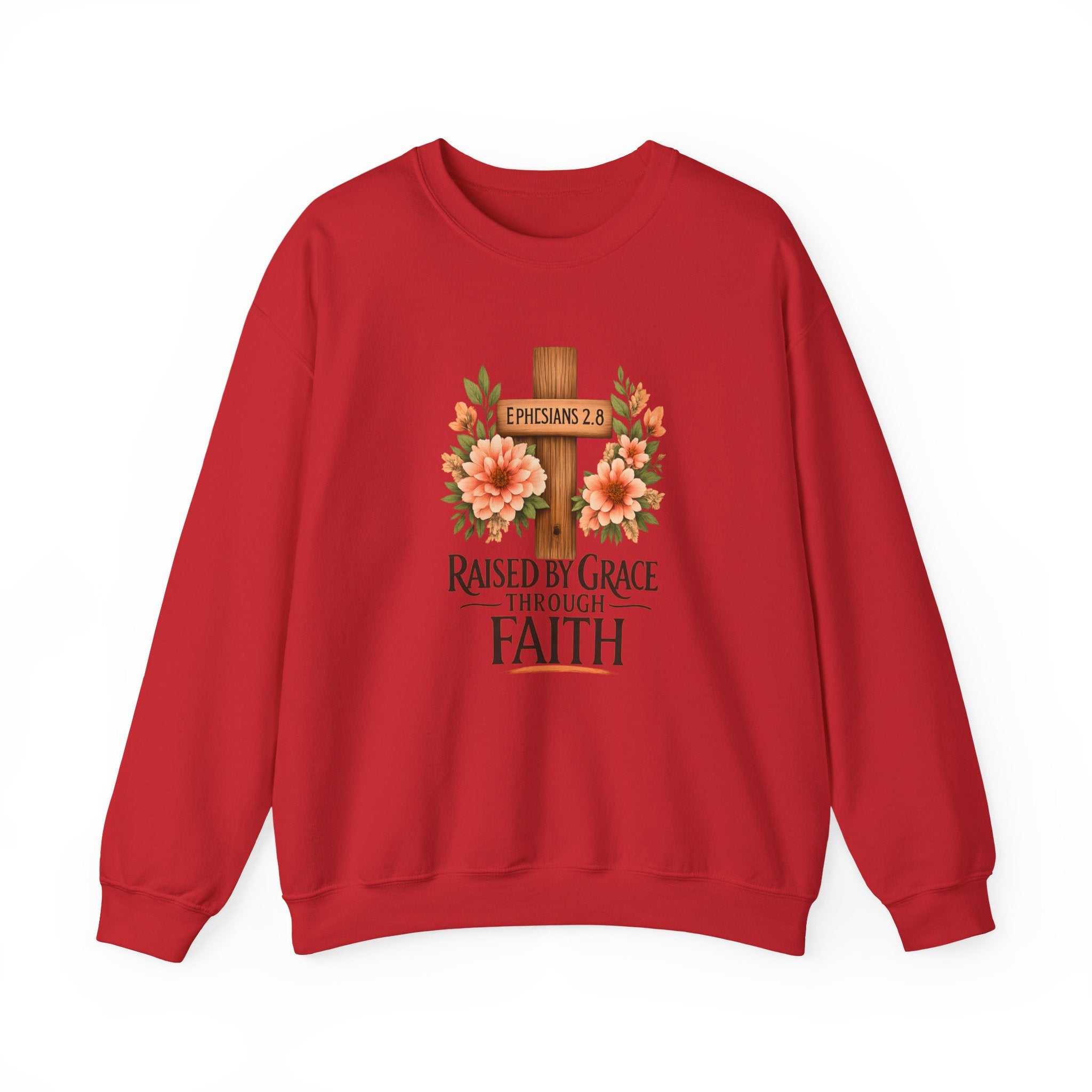 Faith Crewneck Sweatshirt — "Raised by Grace Through Faith" Floral Cross