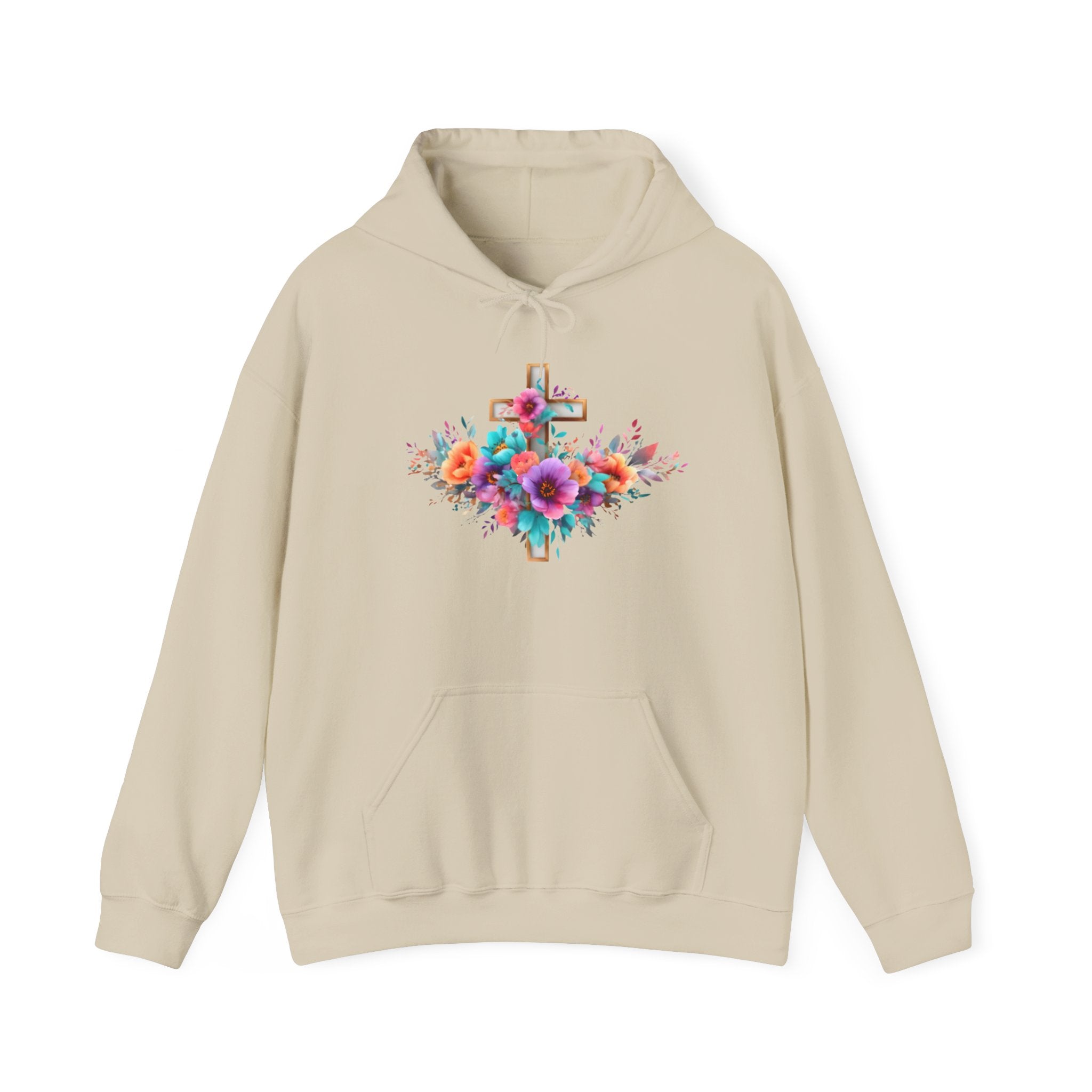 Floral Cross Hoodie – Colorful Watercolor Flowers Religious Sweatshirt