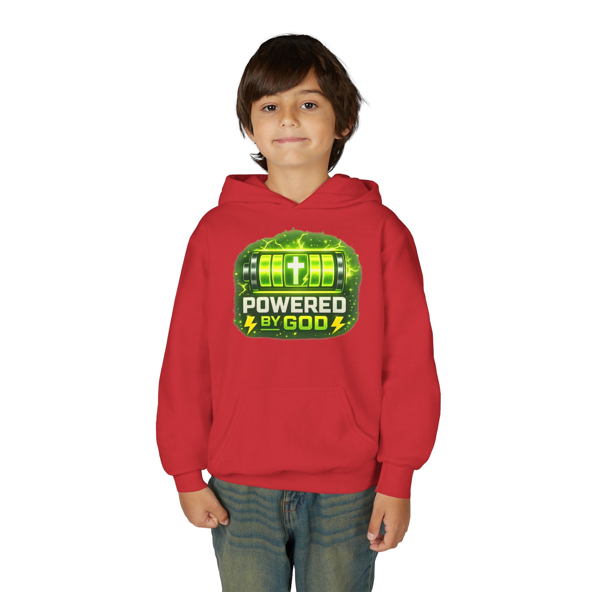 Youth Hoodie — "Powered by God" Green Battery Christian Sweatshirt