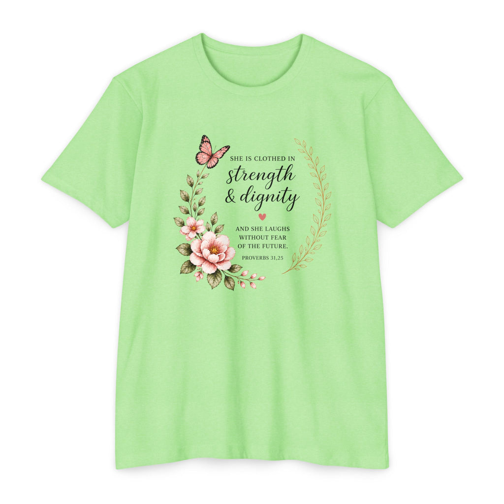 Womens Strength and Dignity Scripture Shirt | Floral Bible Verse Tee