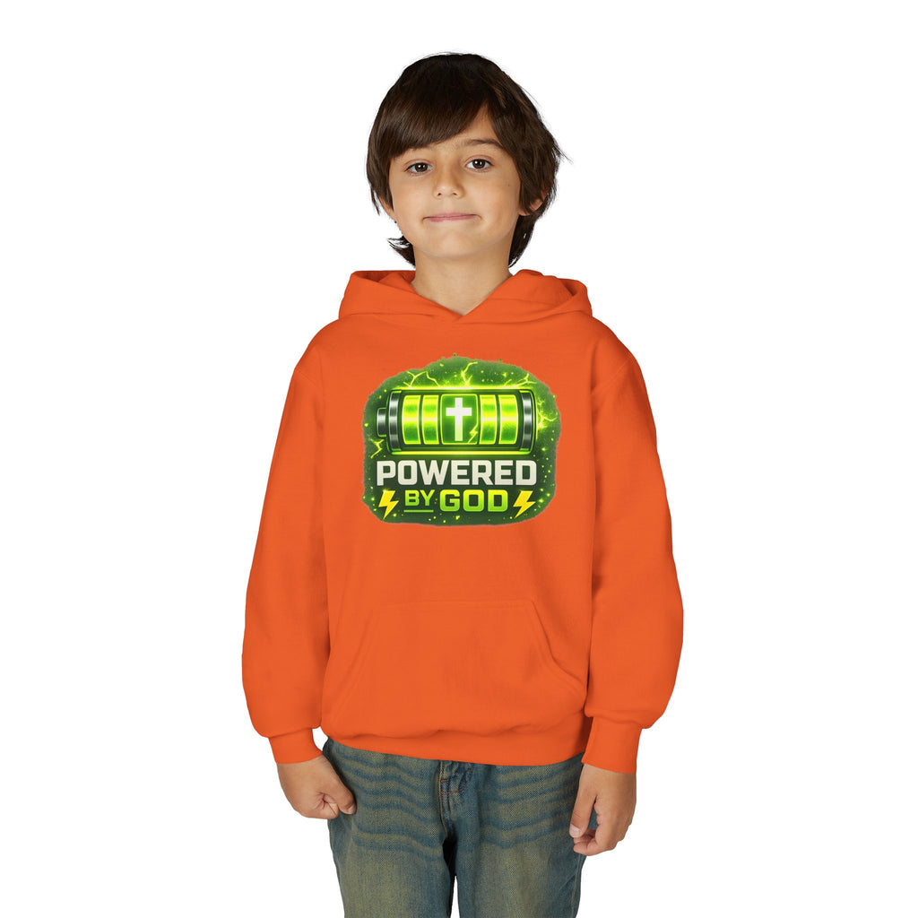 Youth Hoodie — "Powered by God" Green Battery Christian Sweatshirt