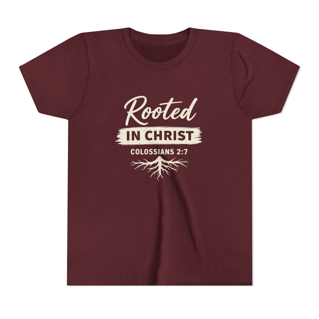 Boys Youth Tee - "Rooted in Christ" Colossians 2:7 Christian Kids Shirt