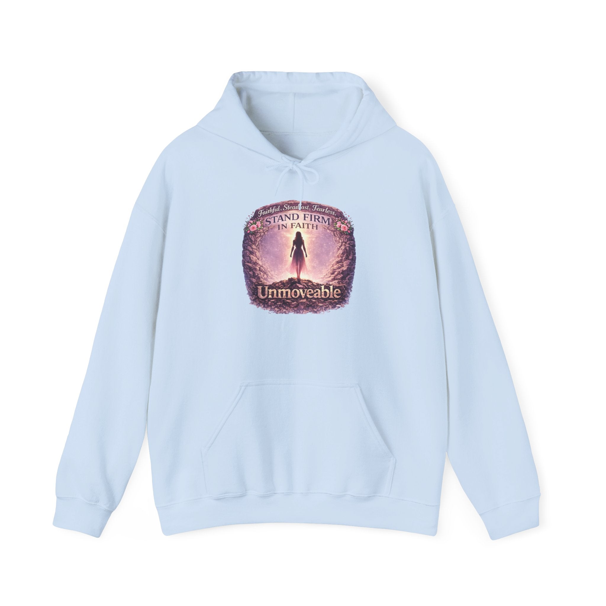 Womens Unmoveable Inspirational Hoodie — "Stand Firm in Faith" Spiritual Graphic Sweatshirt