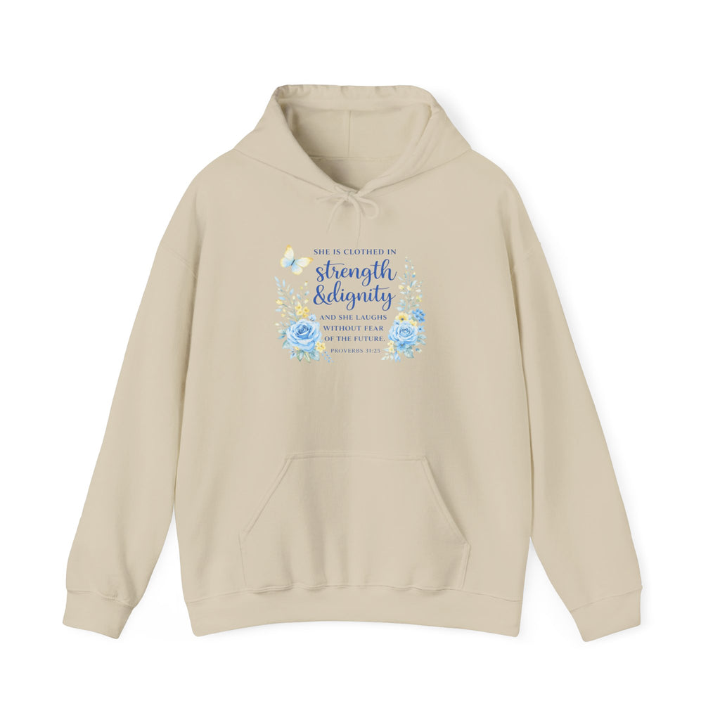 Womens Inspirational Floral Hoodie — "Strength & Dignity" Scripture Sweatshirt