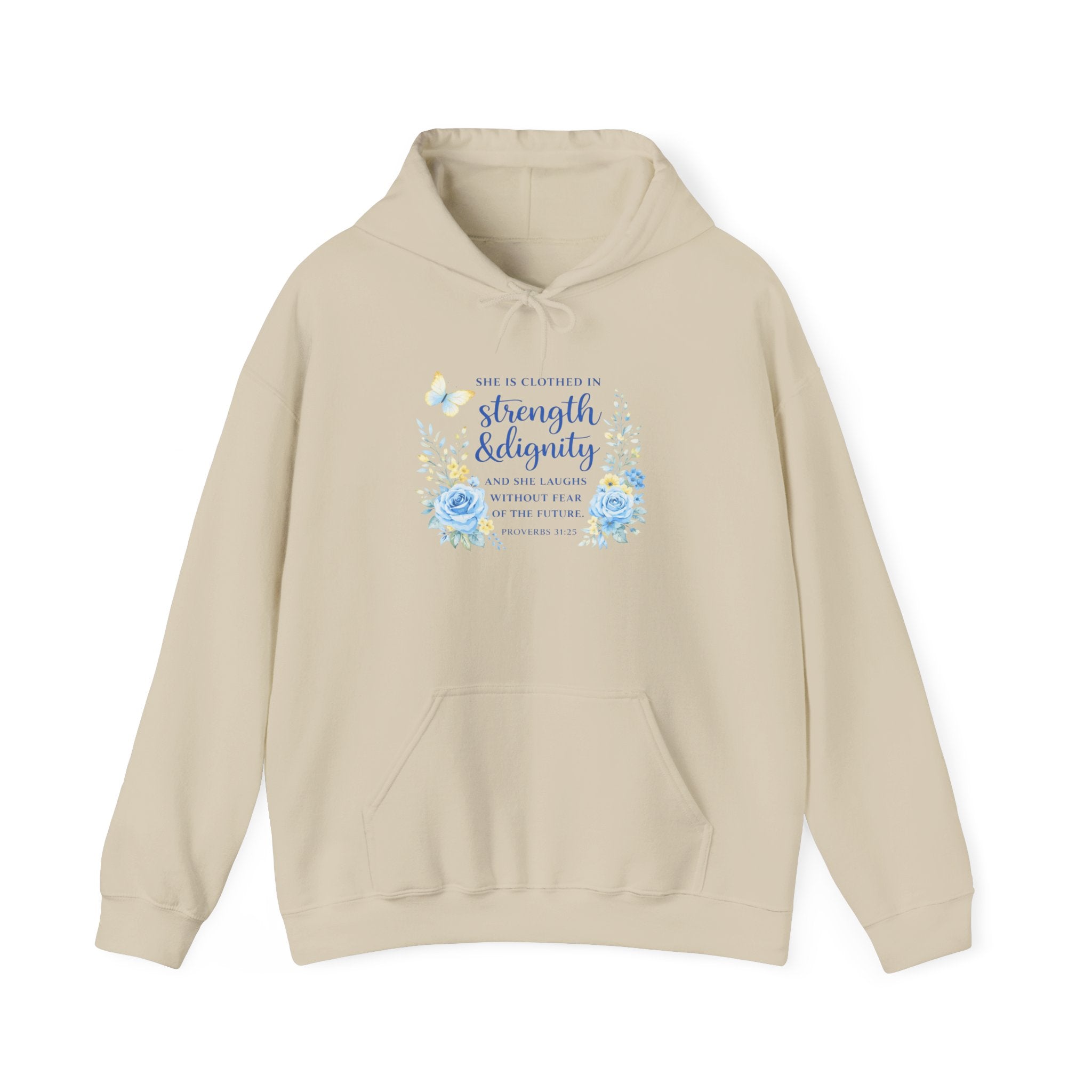 Womens Inspirational Floral Hoodie — "Strength & Dignity" Scripture Sweatshirt