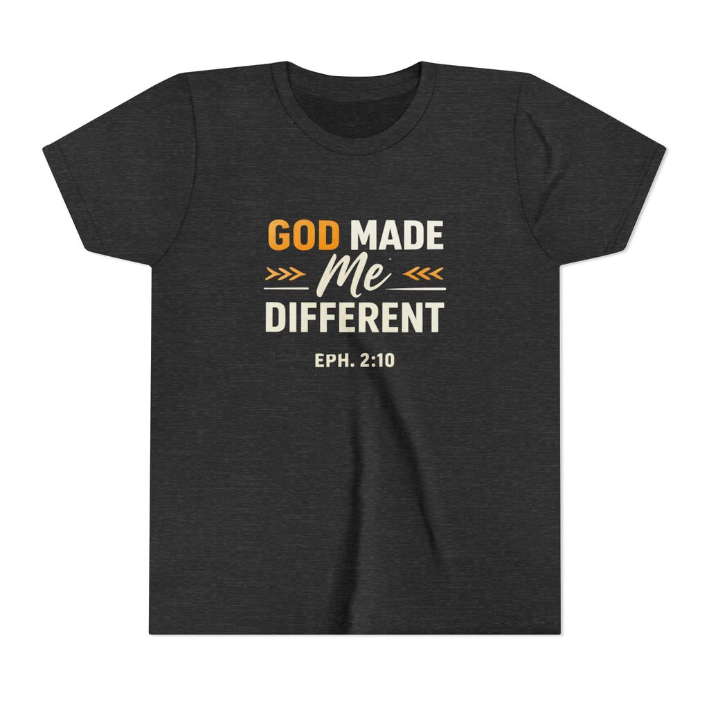Girls Youth Tee – "God Made Me Different" Christian Kids T‑Shirt (Eph. 2:10)