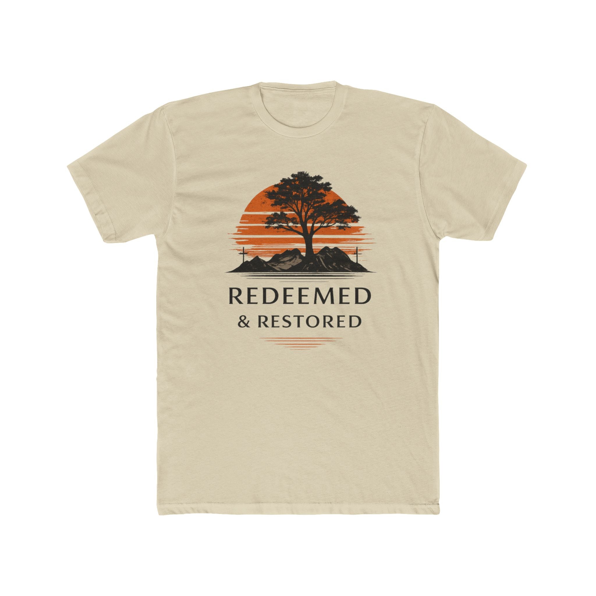 Redeemed & Restored Tee — Faith-Inspired Tree Sunset Graphic T-Shirt