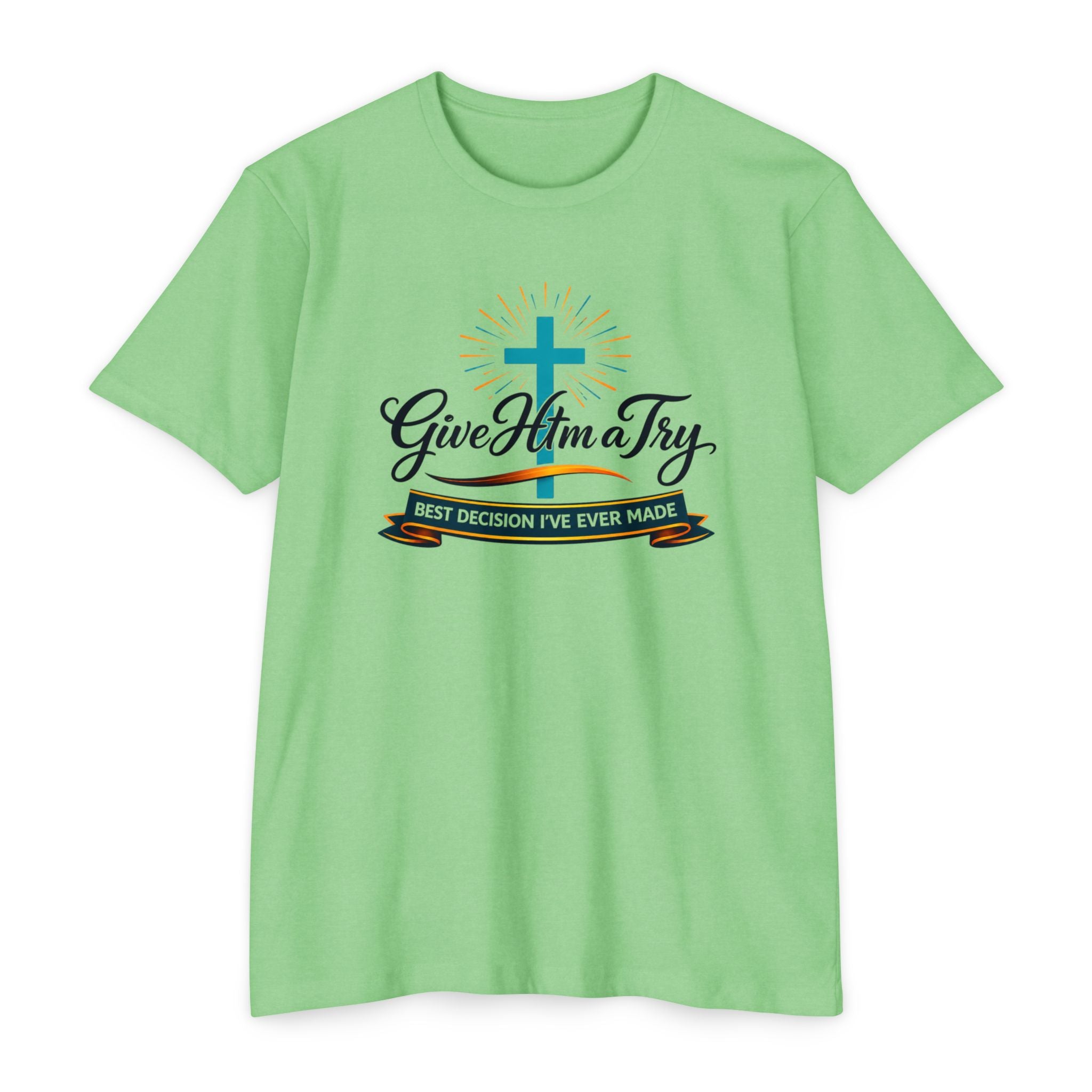 Womens Give Him a Try cross design T-Shirt | Christian faith shirt