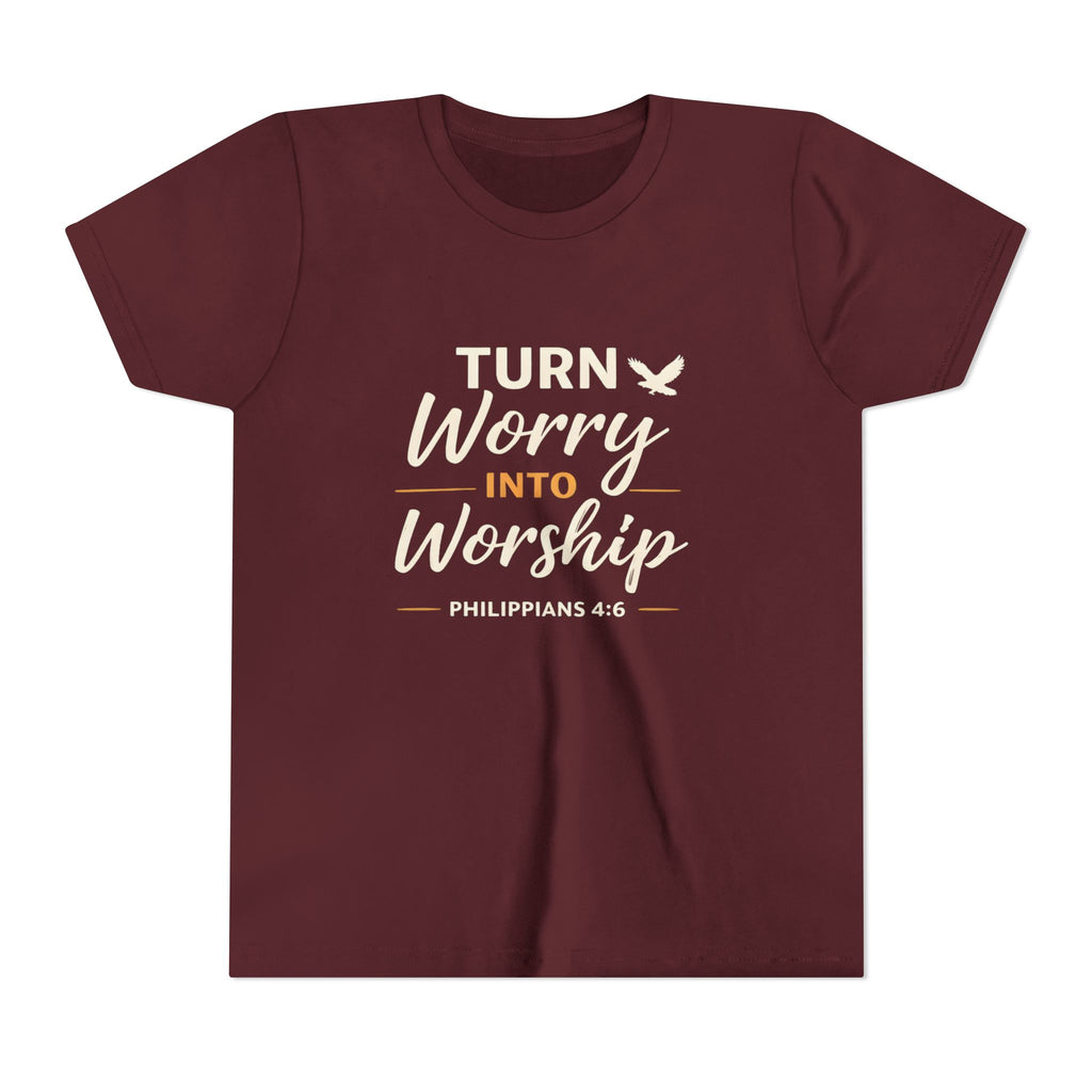 Boys Youth Tee - "Turn Worry Into Worship" Philippians 4:6 Christian Kids Shirt