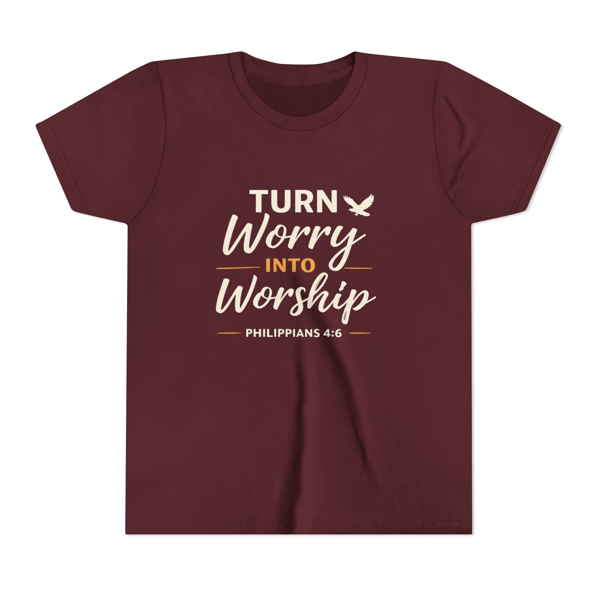 Boys Youth Tee - "Turn Worry Into Worship" Philippians 4:6 Christian Kids Shirt