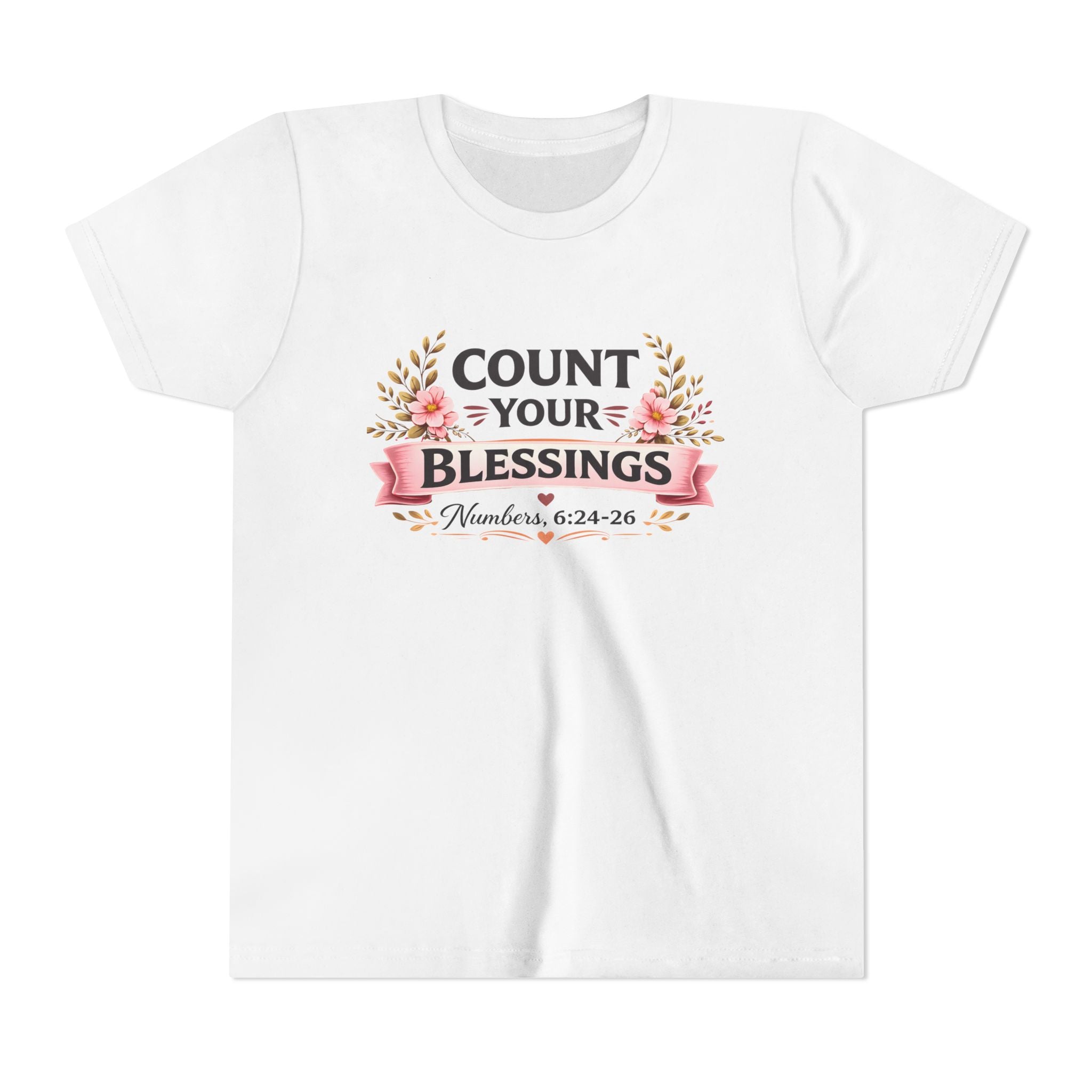 Girls Youth Tee - "Count Your Blessings" Floral Scripture Kids Shirt (Numbers 6:24-26)