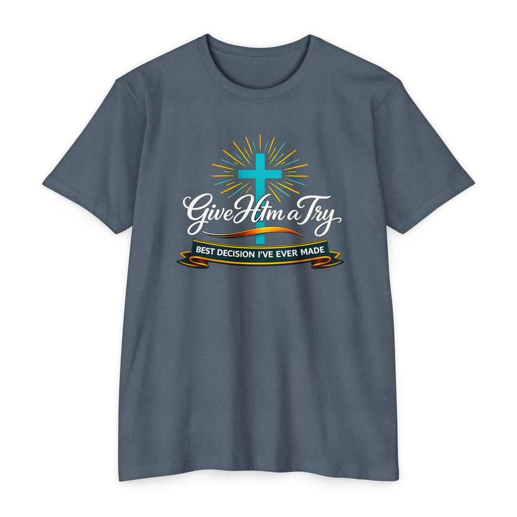 Womens Give Him a Try cross design T-Shirt | Christian faith shirt
