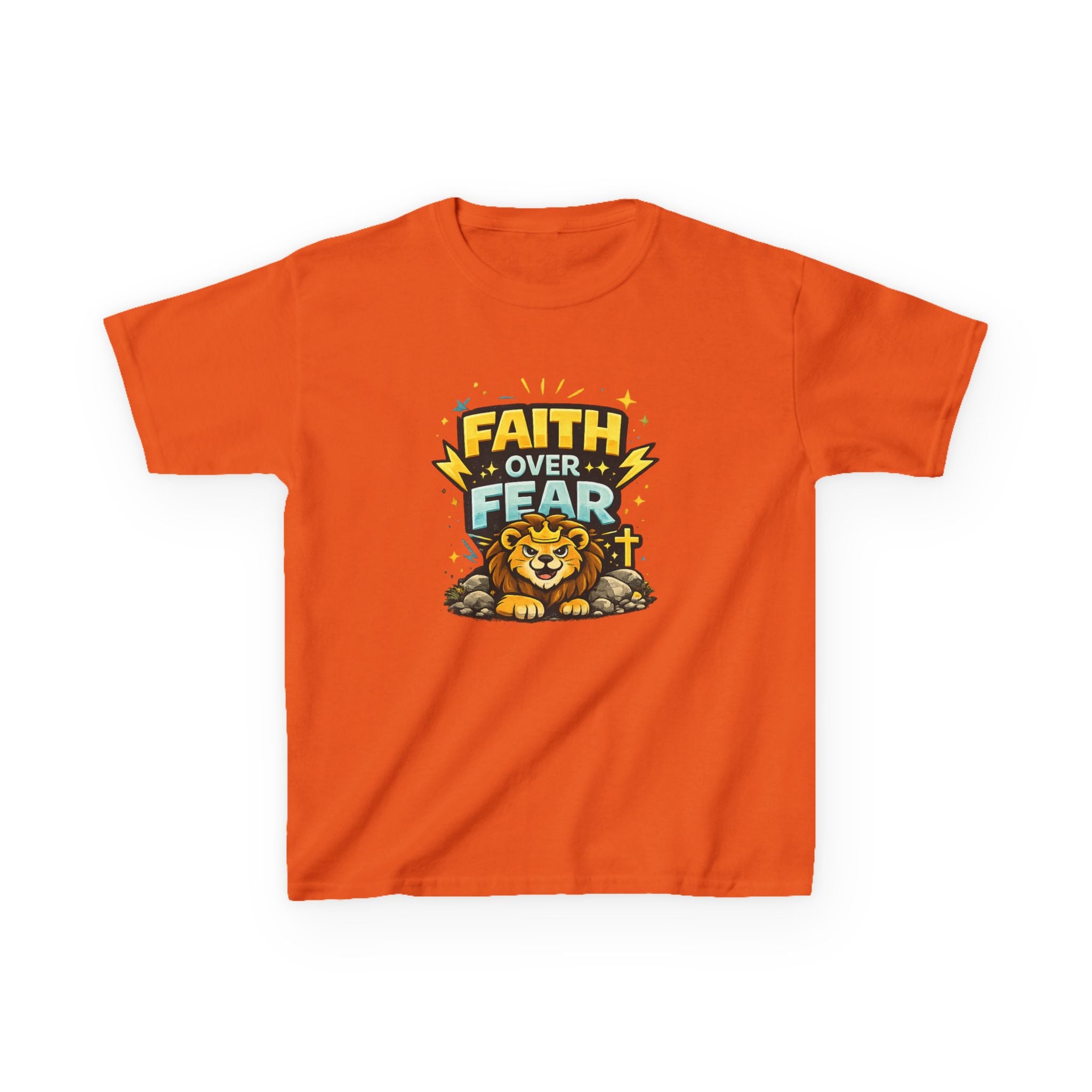 Kids Tee — "Faith Over Fear" Lion Graphic Christian Shirt