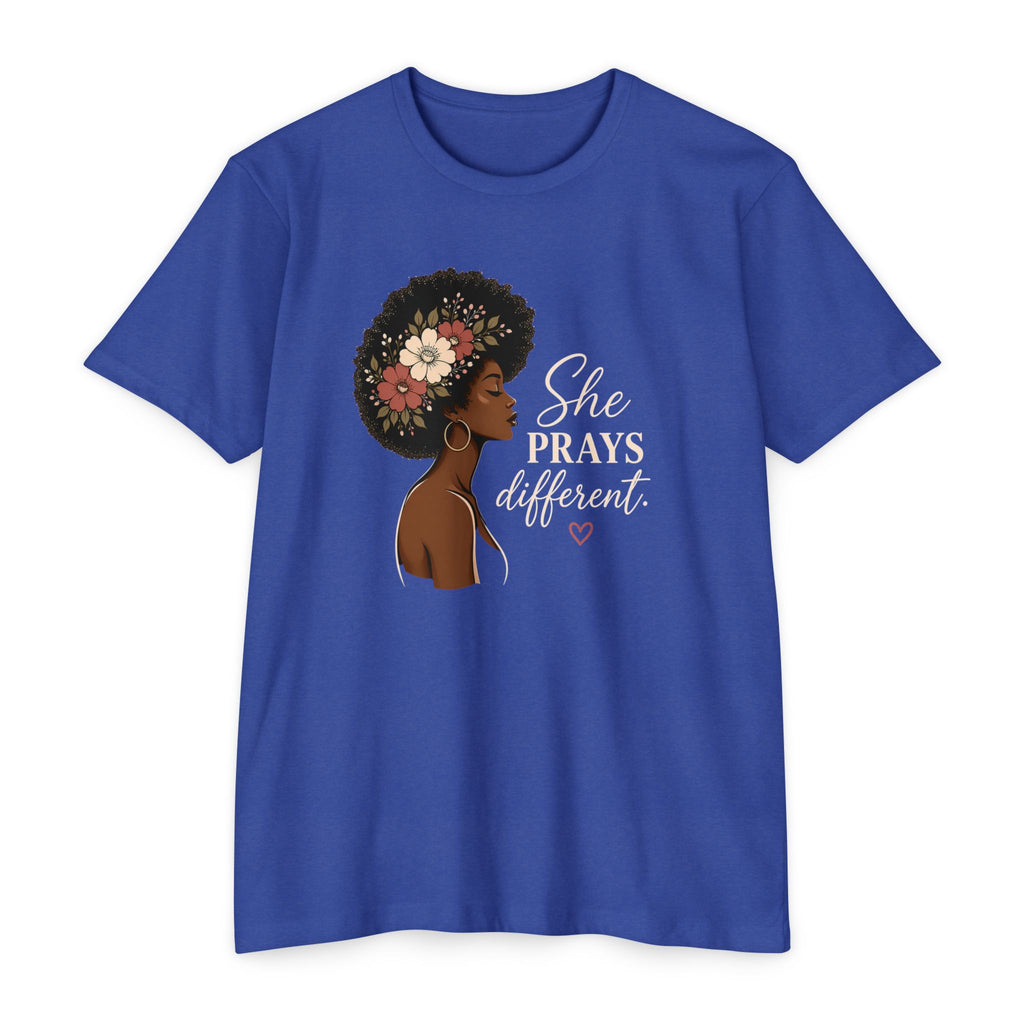 She Prays Different T-Shirt — Floral Afro Woman Inspirational Christian Tee
