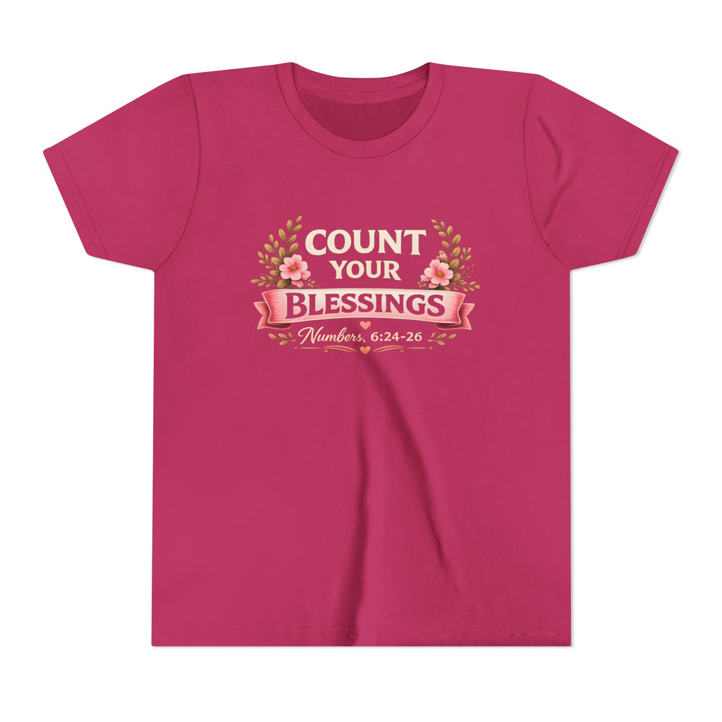 Girls Youth Tee - "Count Your Blessings" Floral Scripture Kids Shirt (Numbers 6:24-26)