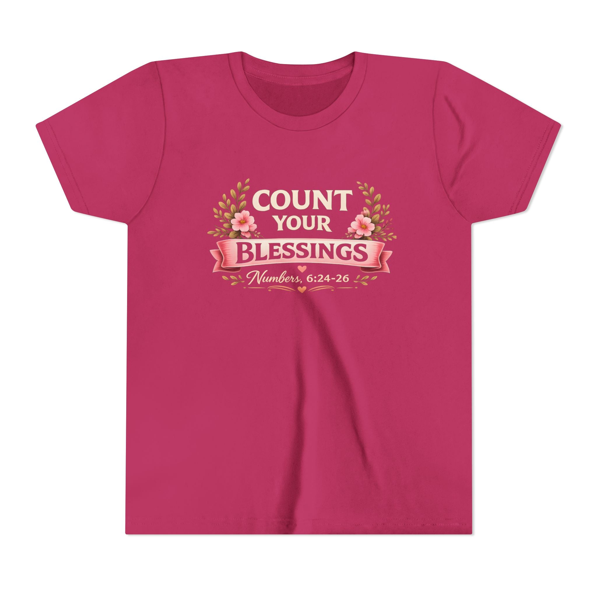 Girls Youth Tee - "Count Your Blessings" Floral Scripture Kids Shirt (Numbers 6:24-26)