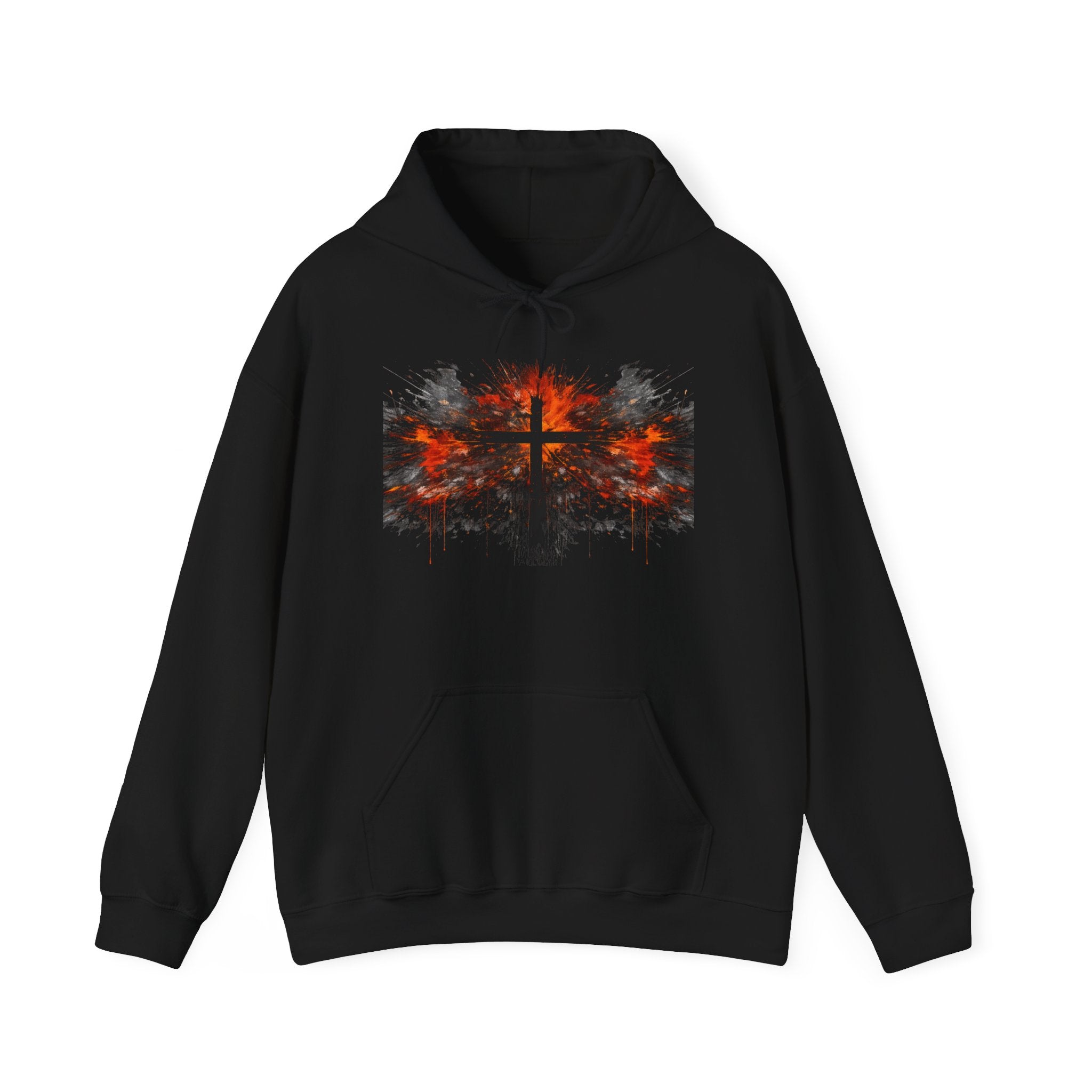 Mens Christian Cross Hoodie — Grunge Red & Black Faith Pullover