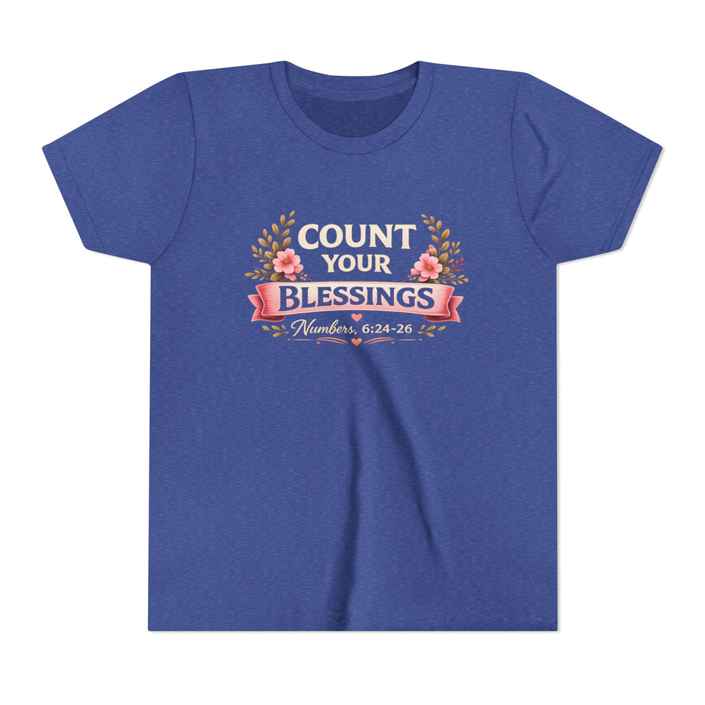 Girls Youth Tee - "Count Your Blessings" Floral Scripture Kids Shirt (Numbers 6:24-26)