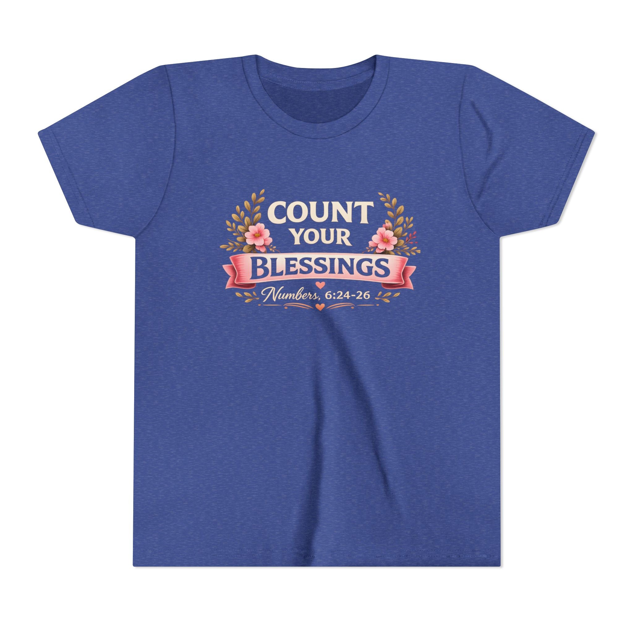 Girls Youth Tee - "Count Your Blessings" Floral Scripture Kids Shirt (Numbers 6:24-26)
