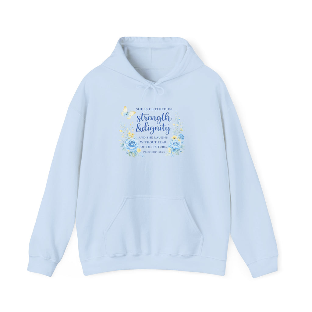 Womens Inspirational Floral Hoodie — "Strength & Dignity" Scripture Sweatshirt