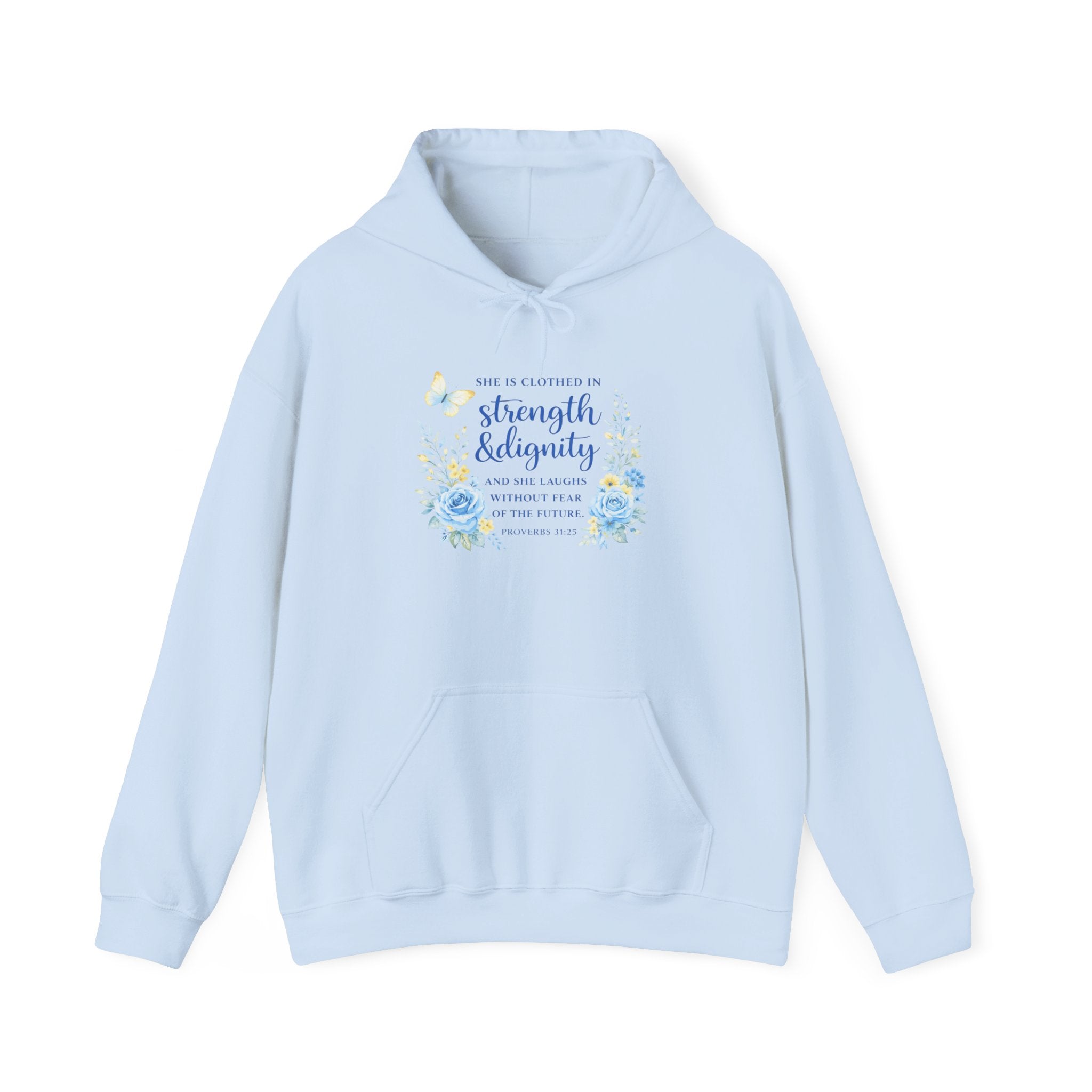 Womens Inspirational Floral Hoodie — "Strength & Dignity" Scripture Sweatshirt