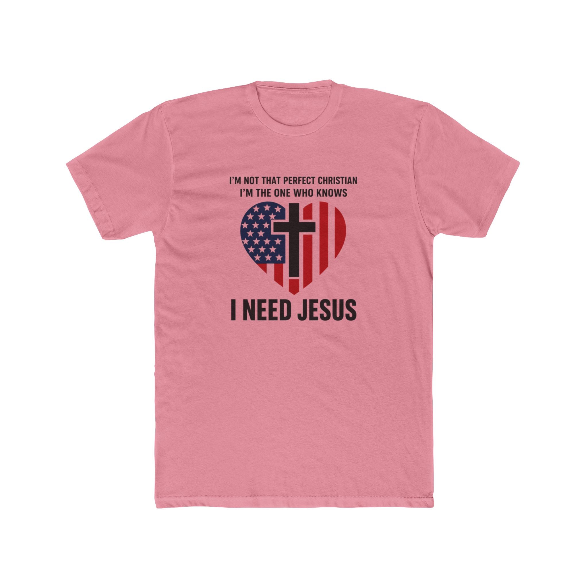 Mens Patriotic Heart Cross Tee  “I Need Jesus” Christian Flag T-Shirt