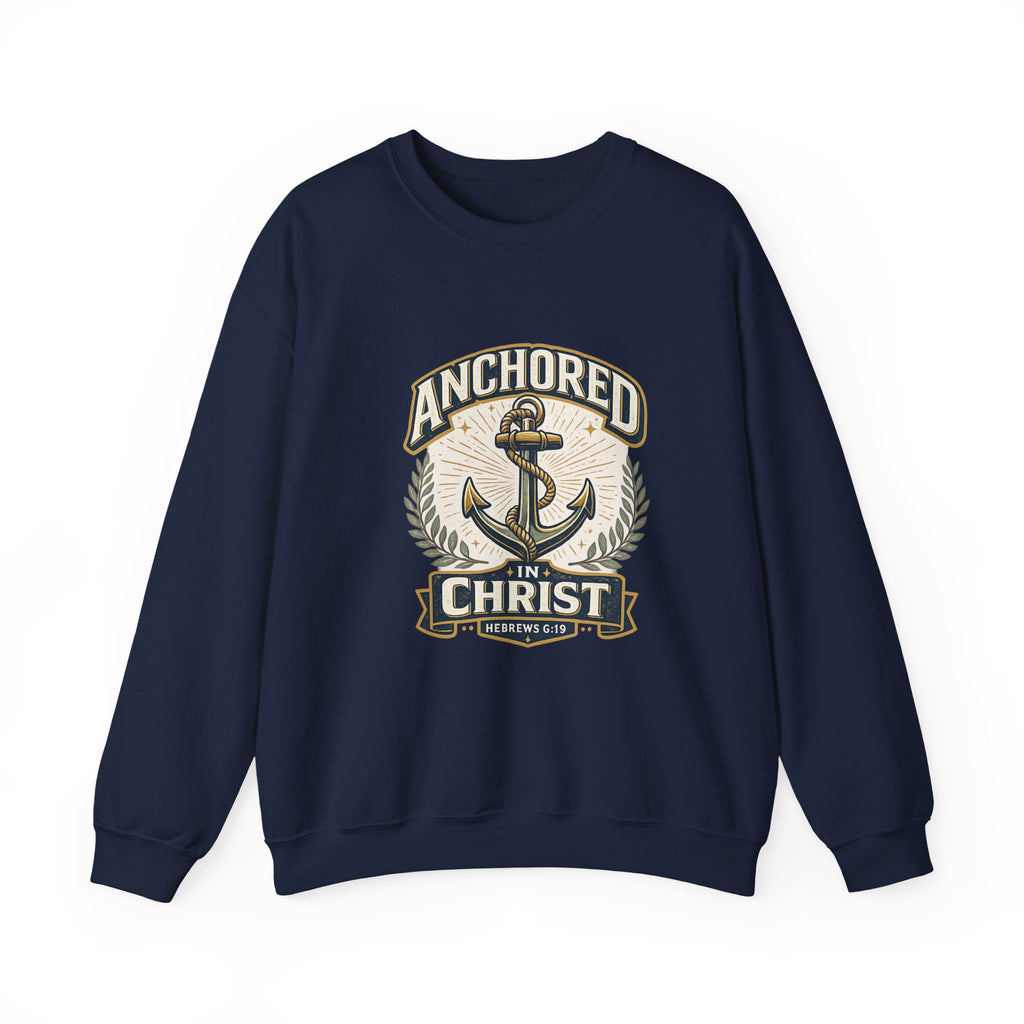 Womens Anchored in Christ Crewneck Sweatshirt — Christian Anchor Faith Pullover