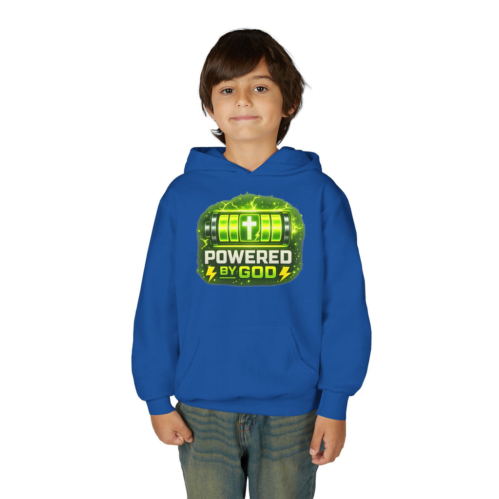 Youth Hoodie — "Powered by God" Green Battery Christian Sweatshirt