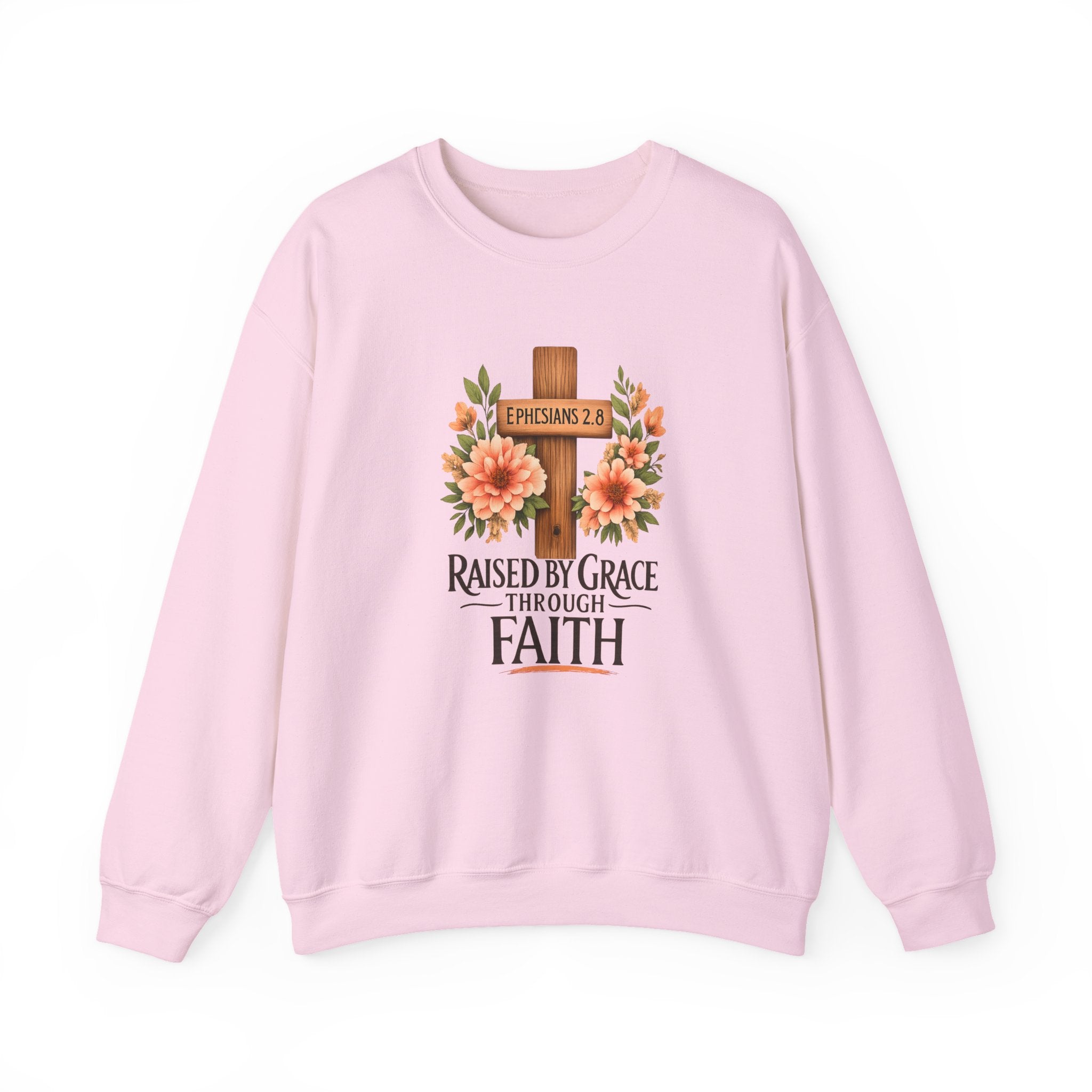 Faith Crewneck Sweatshirt — "Raised by Grace Through Faith" Floral Cross