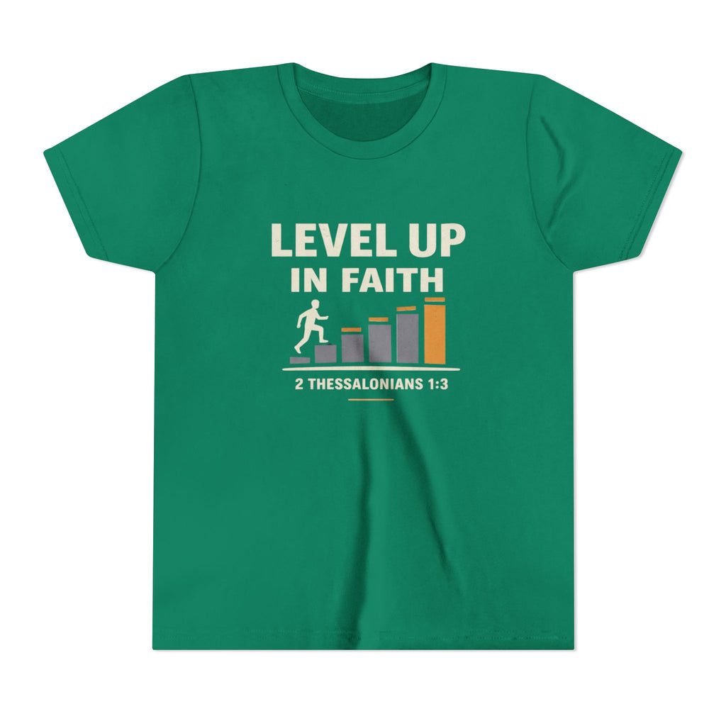 Boys Youth Tee - "Level Up in Faith" Christian Kids T-Shirt (2 Thessalonians 1:3)
