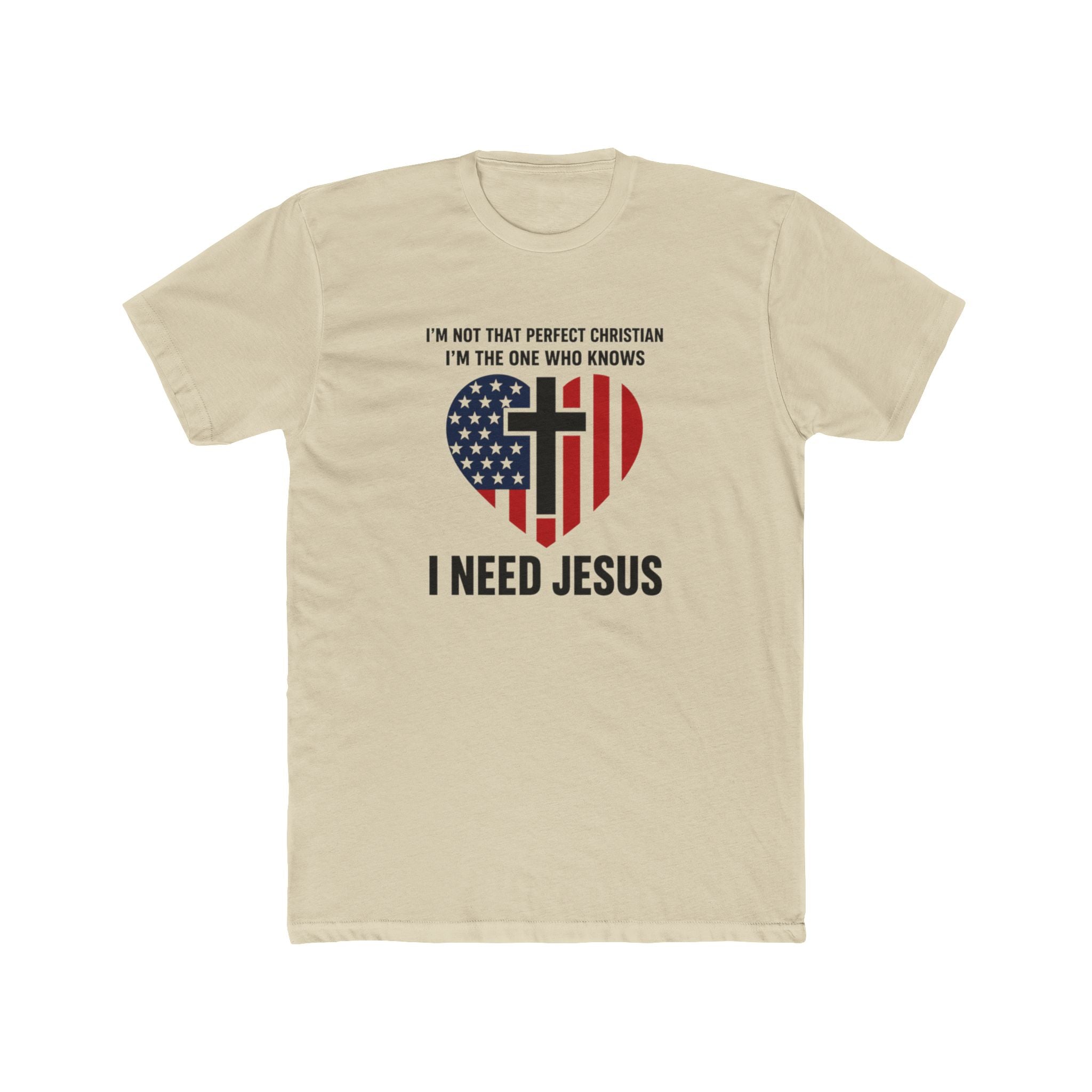 Mens Patriotic Heart Cross Tee  “I Need Jesus” Christian Flag T-Shirt
