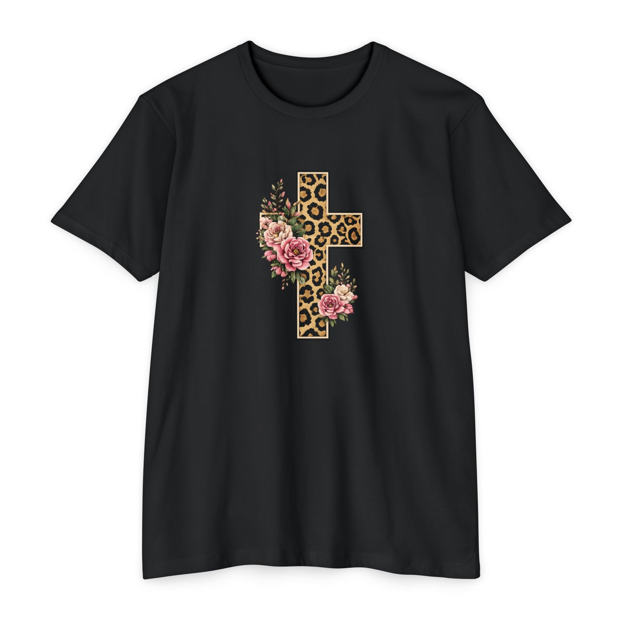 Womens Floral/ Leopard Cross T-Shirt Graphic Tee