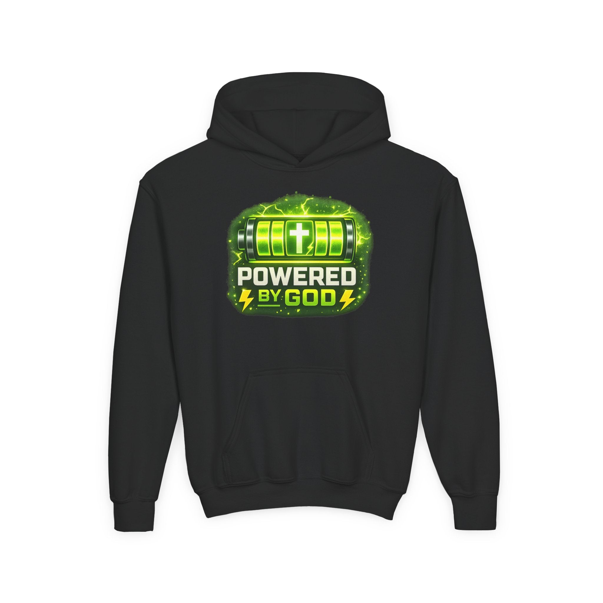 Youth Hoodie — "Powered by God" Green Battery Christian Sweatshirt