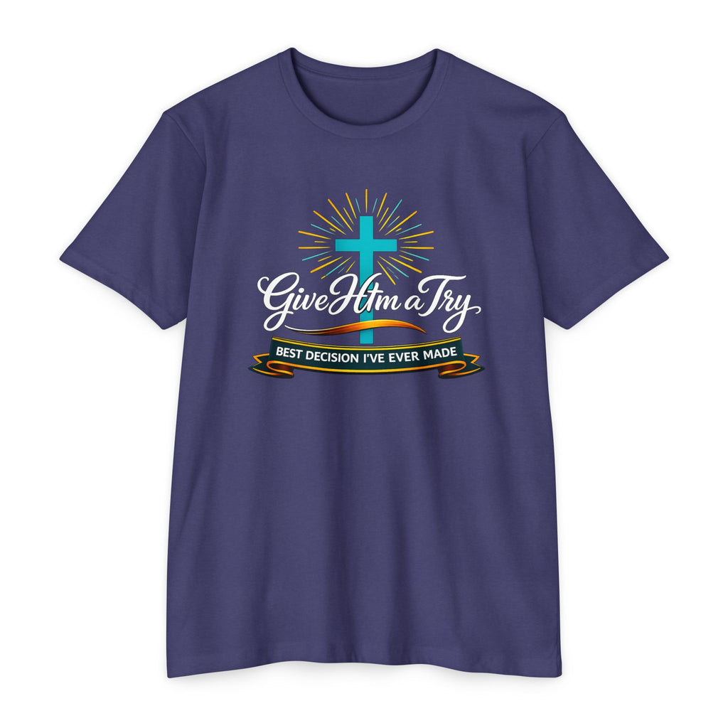 Womens Give Him a Try cross design T-Shirt | Christian faith shirt