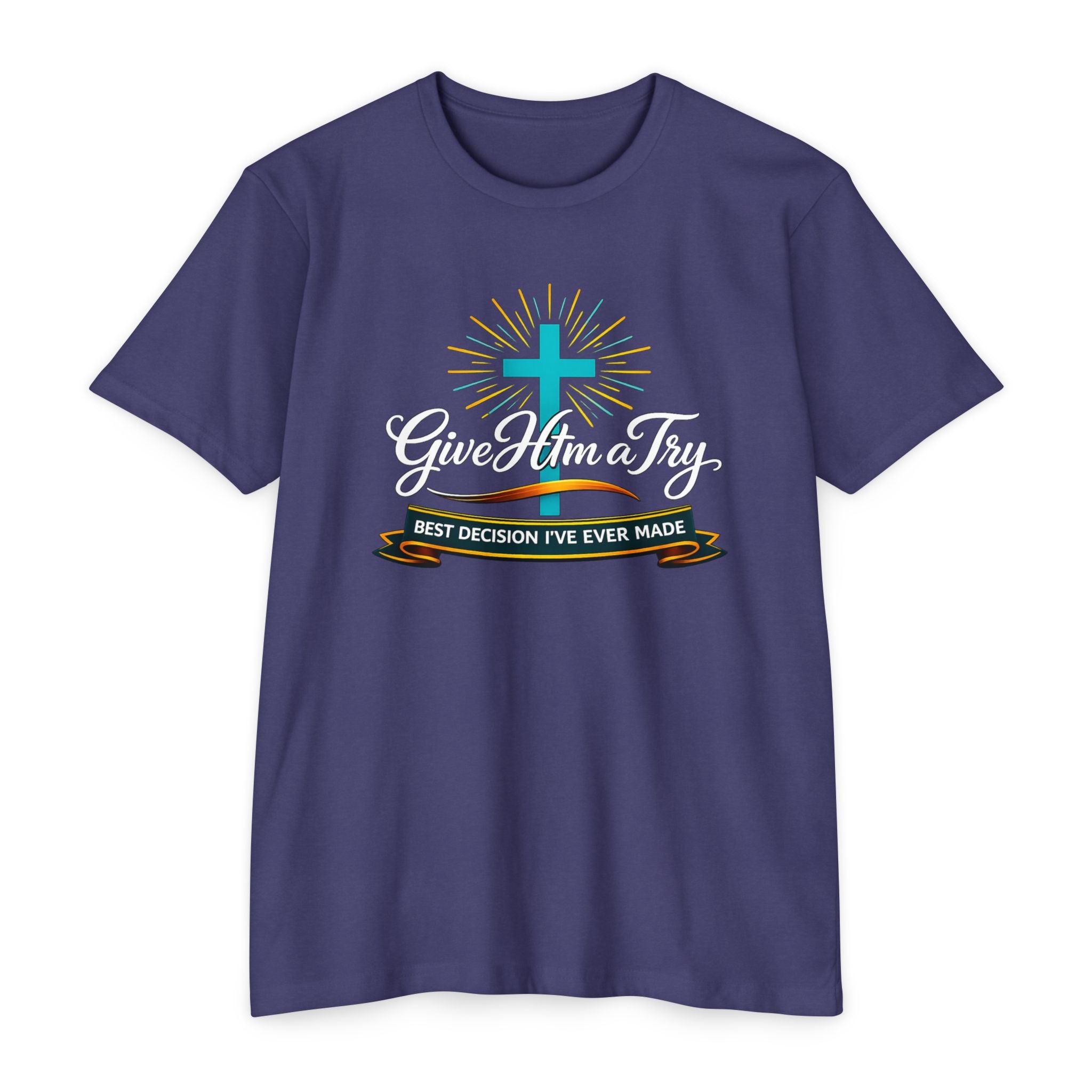 Womens Give Him a Try cross design T-Shirt | Christian faith shirt
