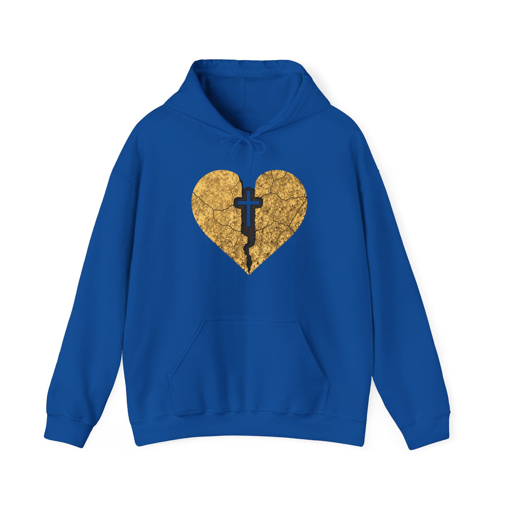 Mens Broken Gold Heart Cross Hoodie — Christian Faith Graphic Sweatshirt