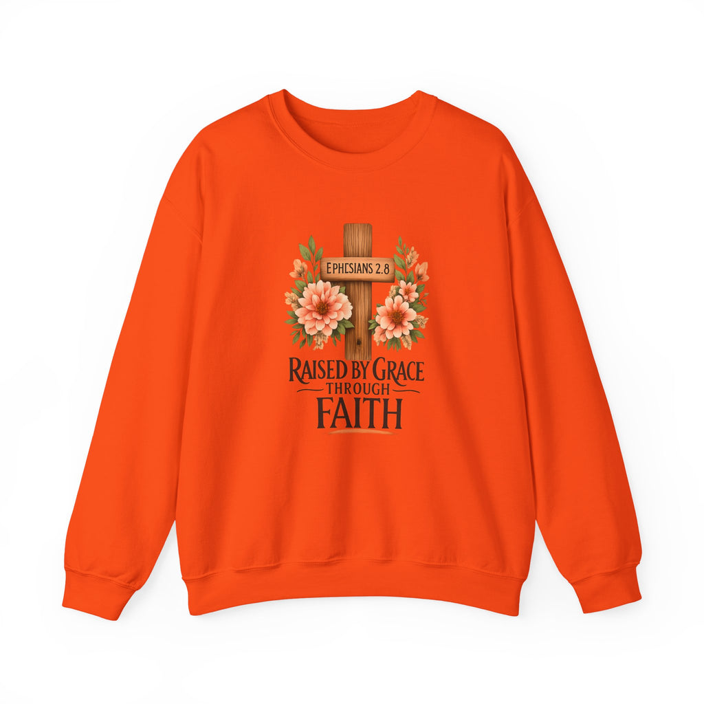 Faith Crewneck Sweatshirt — "Raised by Grace Through Faith" Floral Cross