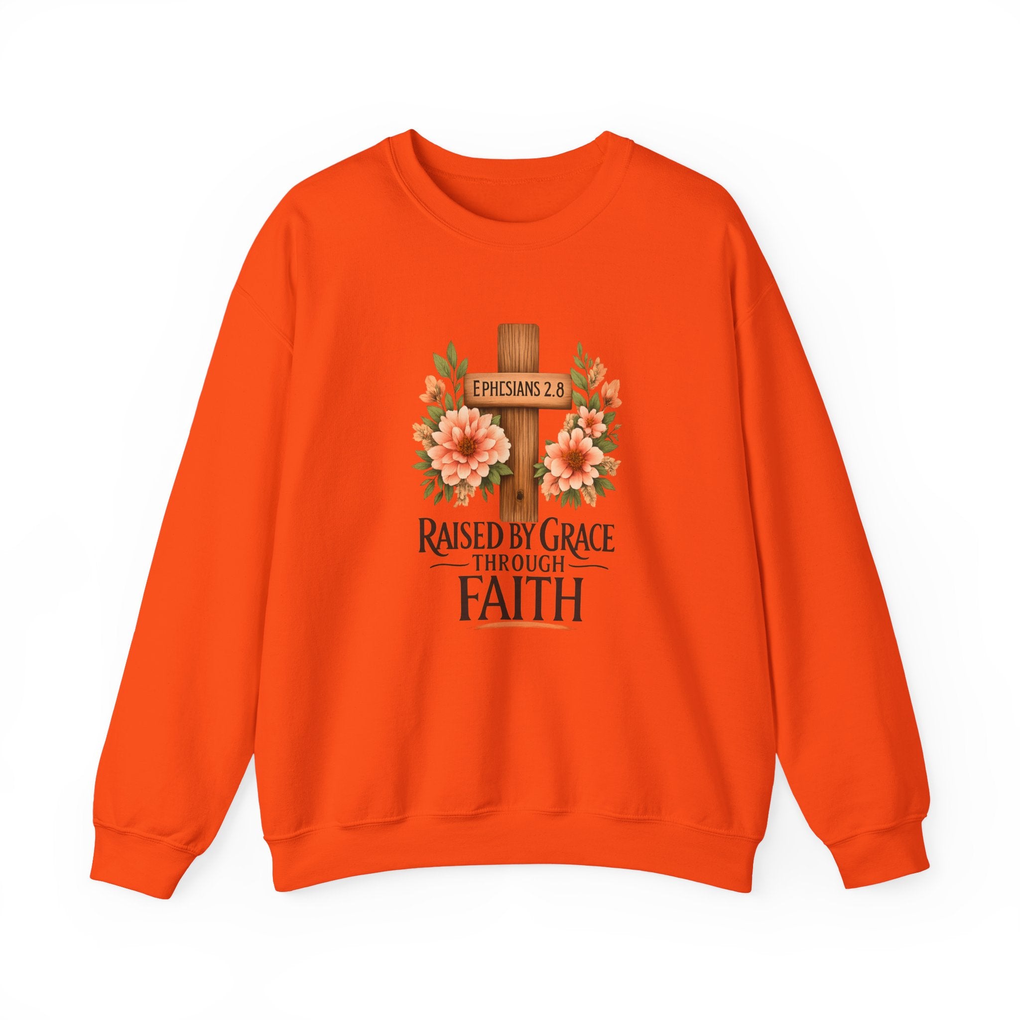 Faith Crewneck Sweatshirt — "Raised by Grace Through Faith" Floral Cross