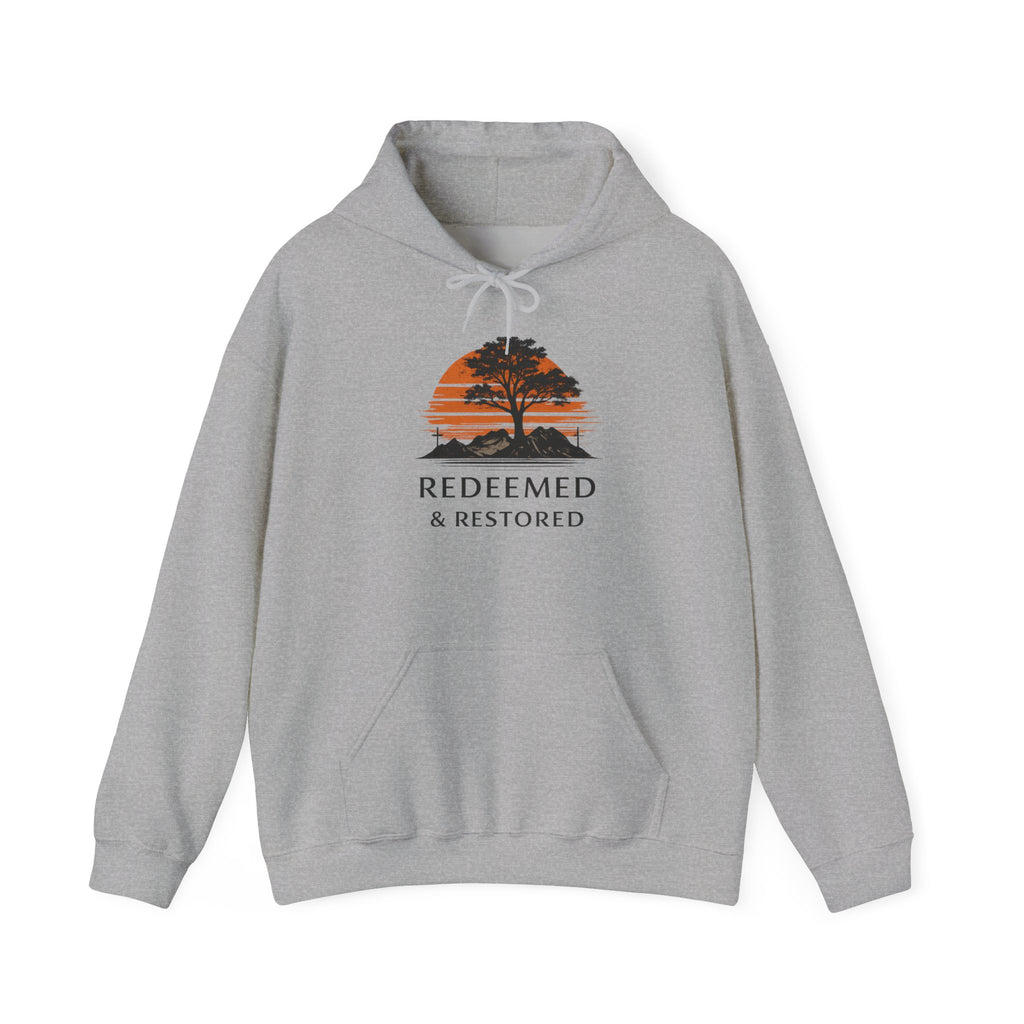 Redeemed & Restored Hoodie – Sunset Tree Faith Graphic Hooded Sweatshirt