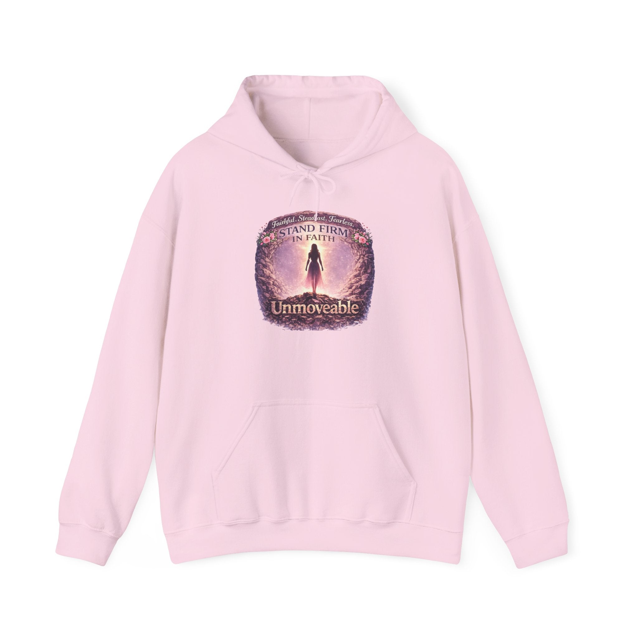 Womens Unmoveable Inspirational Hoodie — "Stand Firm in Faith" Spiritual Graphic Sweatshirt
