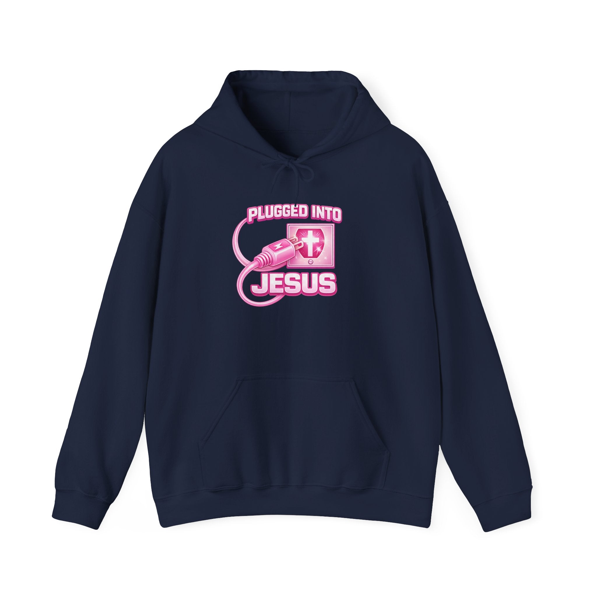 Plugged Into Jesus Hoodie — Pink Christian Faith Graphic Sweatshirt