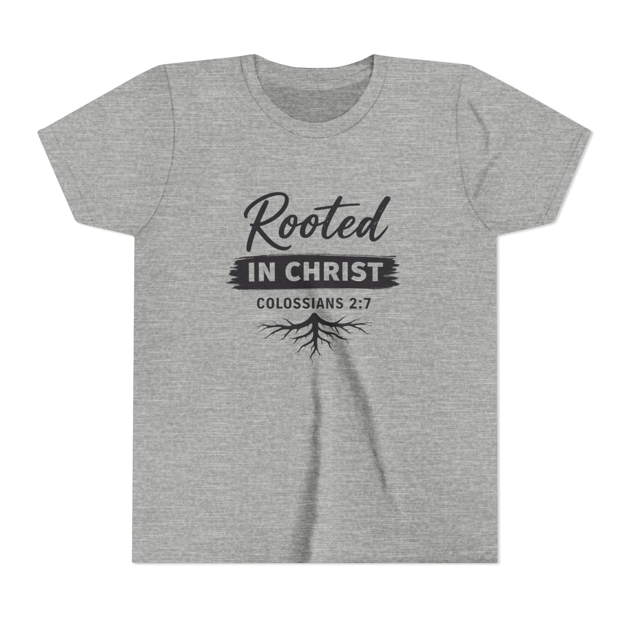 Boys Youth Tee - "Rooted in Christ" Colossians 2:7 Christian Kids Shirt
