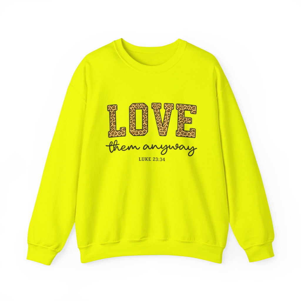 Womens Love Them Anyway Crewneck Sweatshirt — Inspirational Leopard Lettering, Luke 6:35