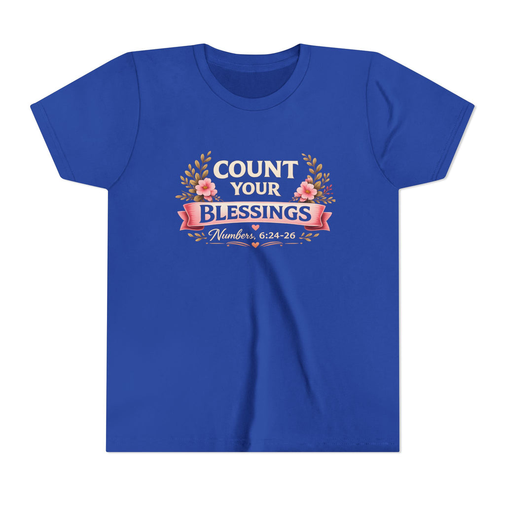 Girls Youth Tee - "Count Your Blessings" Floral Scripture Kids Shirt (Numbers 6:24-26)