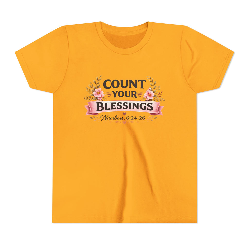 Girls Youth Tee - "Count Your Blessings" Floral Scripture Kids Shirt (Numbers 6:24-26)