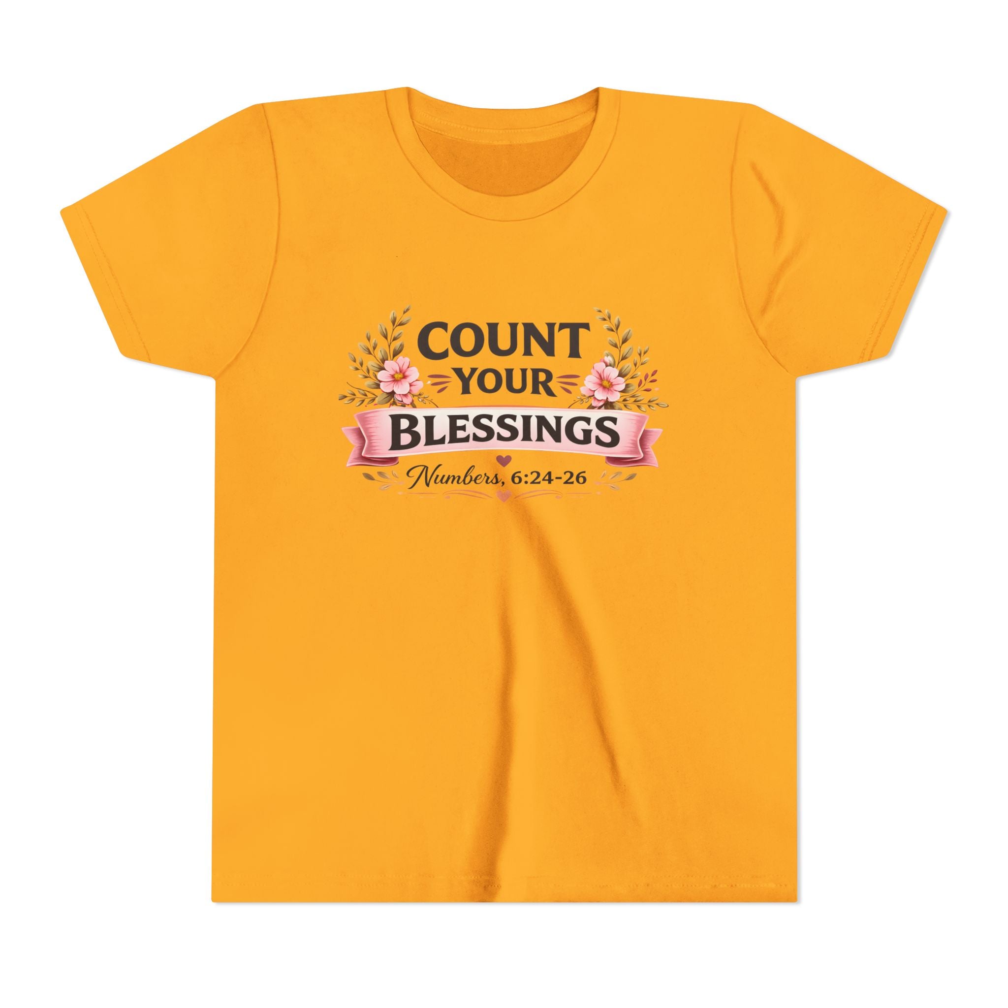 Girls Youth Tee - "Count Your Blessings" Floral Scripture Kids Shirt (Numbers 6:24-26)