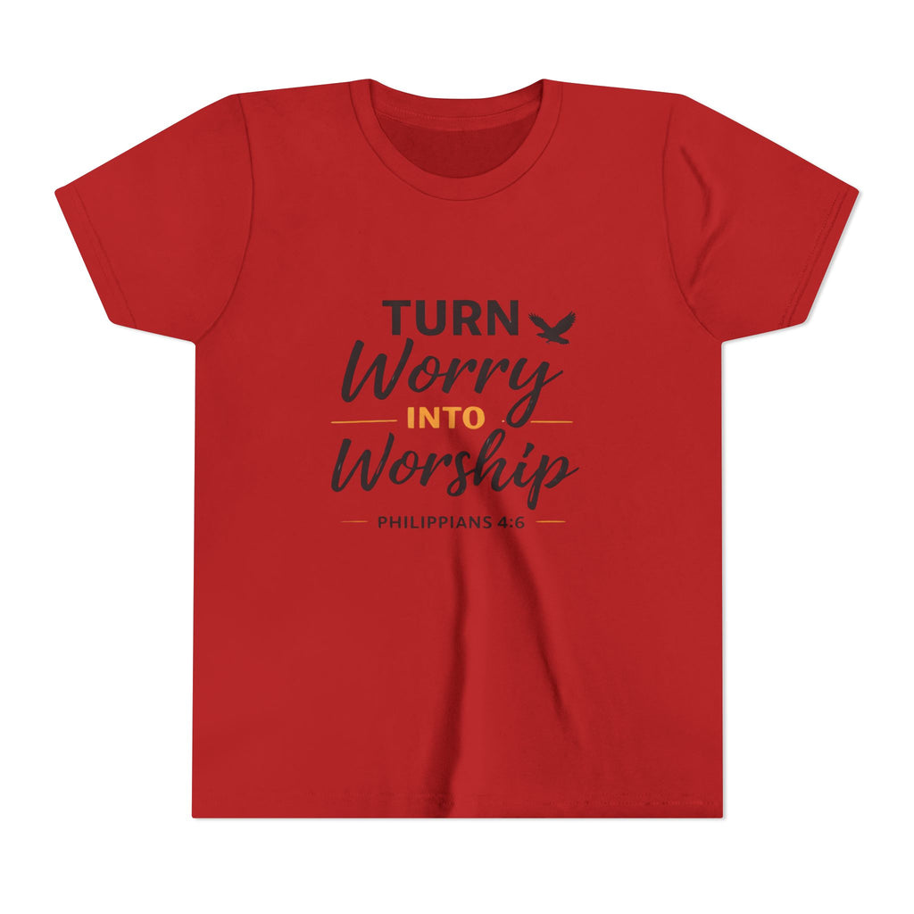 Girls Youth Tee - "Turn Worry Into Worship" Philippians 4:6 Christian Kids Shirt