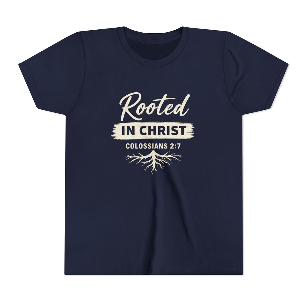 Girls Youth Tee - "Rooted in Christ" Colossians 2:7 Christian Kids Shirt