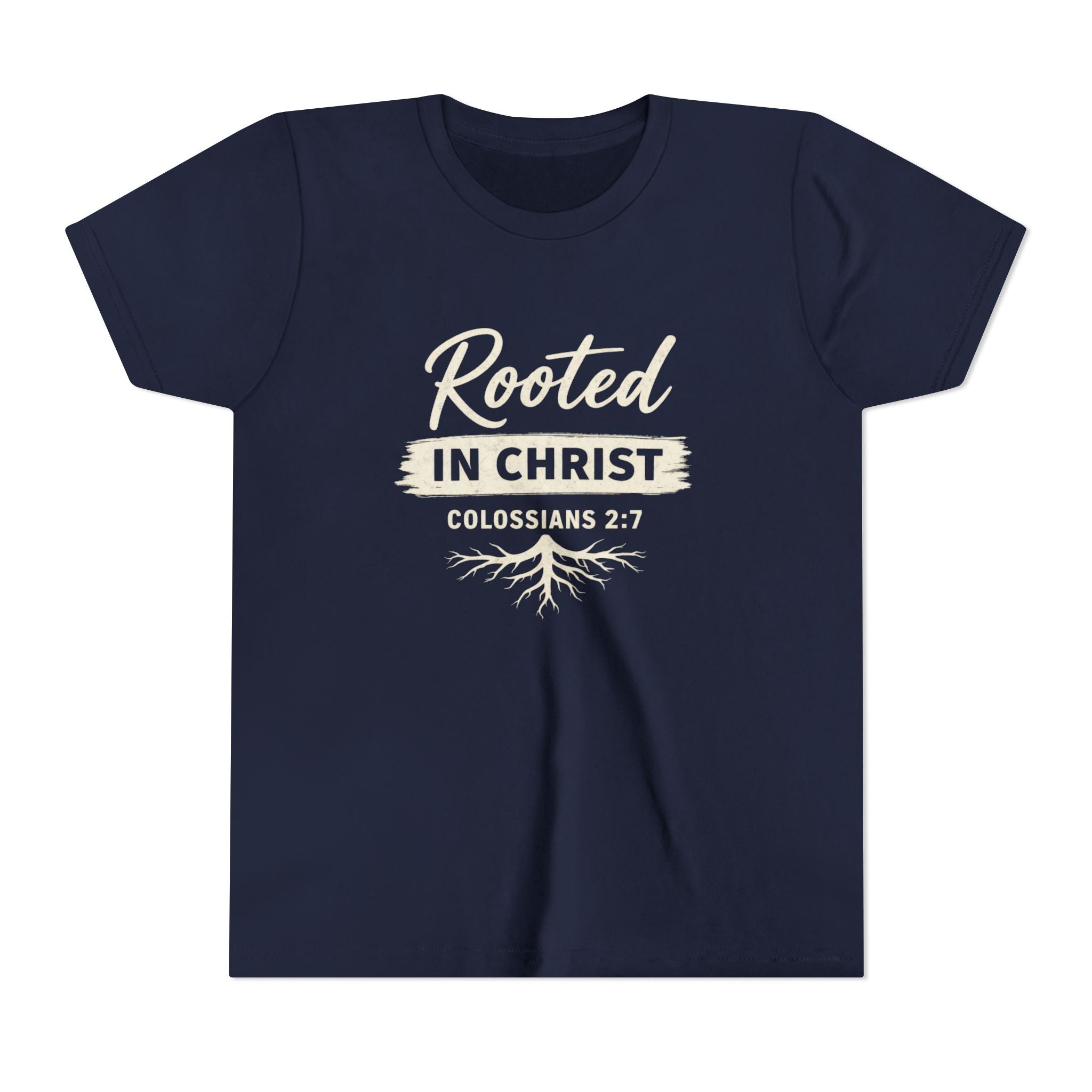 Girls Youth Tee - "Rooted in Christ" Colossians 2:7 Christian Kids Shirt